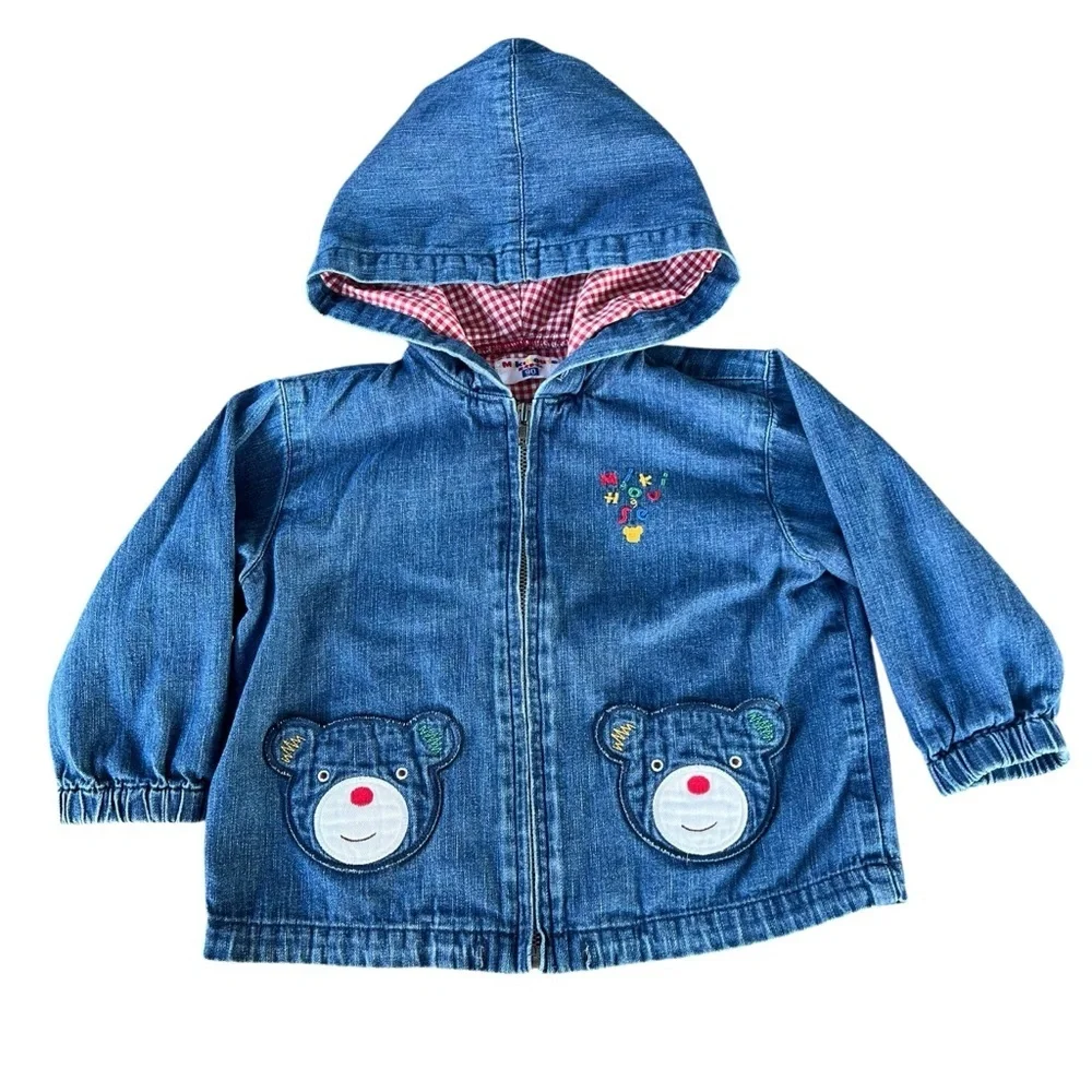 Miki House Baby Bear Pocket Denim Jacket Red Gingham Lightweight Japan 2T GUC